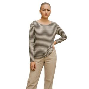 Ann Taylor LOFT Womens Sz L Gray Tan Striped Long Sleeve Blouse